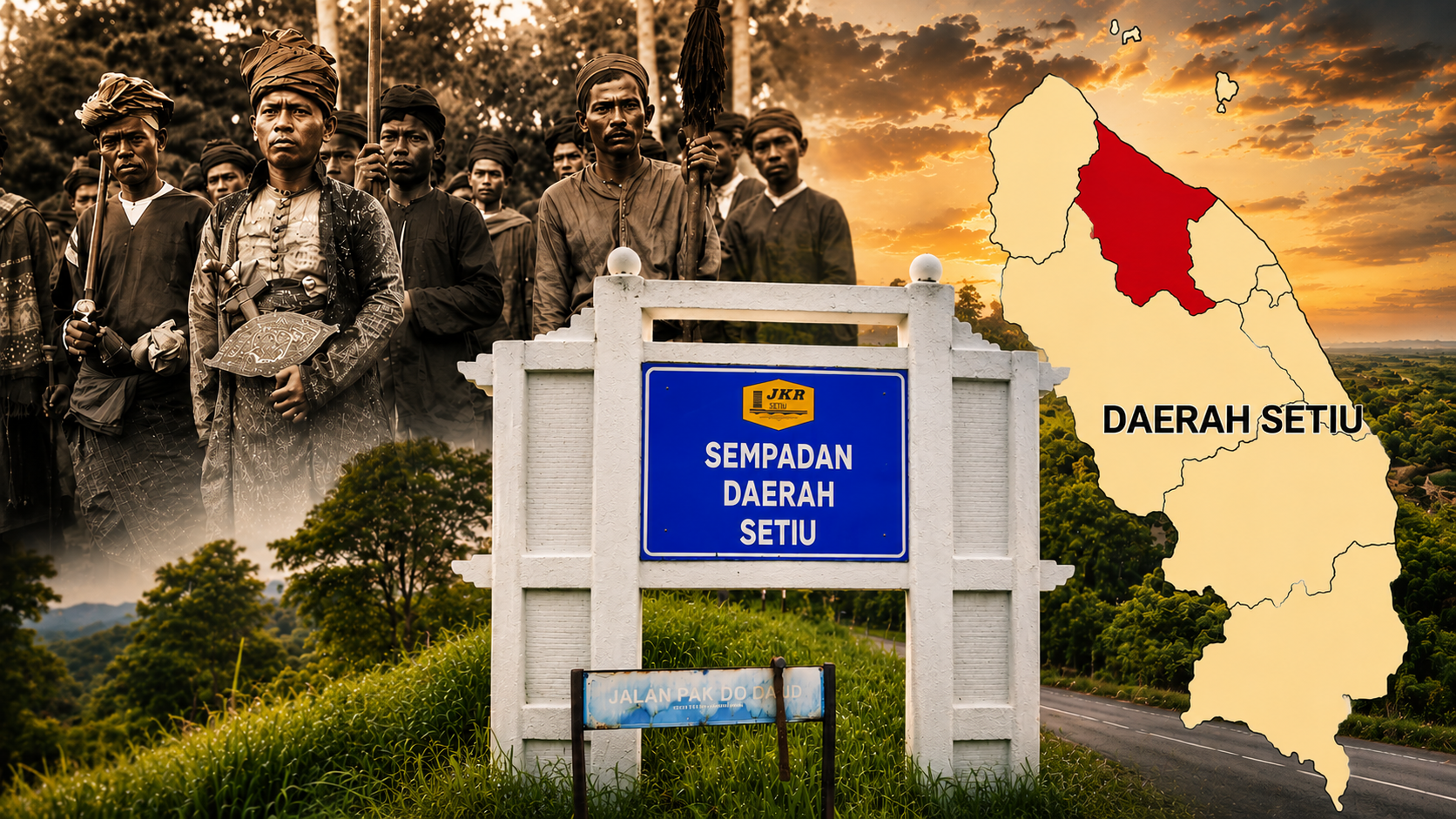 Sejarah Daerah Setiu memaparkan Tok Setiu, papan tanda sempadan Daerah Setiu dan peta lokasi daerah di Terengganu.
