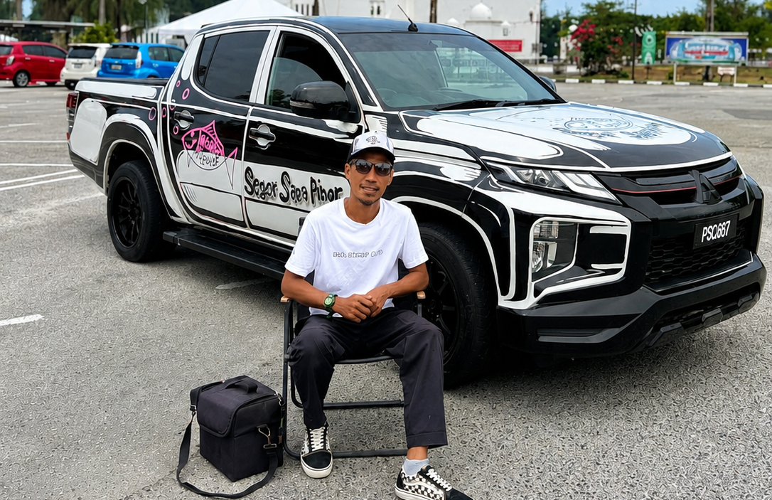 Zameer Pentbrush bersama trak pikap yang dihiasi seni airbrush hasil karya beliau di Terengganu
