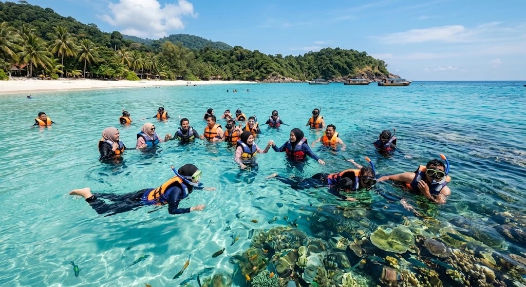 gambar menunjukkan sekumpulan pelancong tempatan sedang bermandian di pulau redang