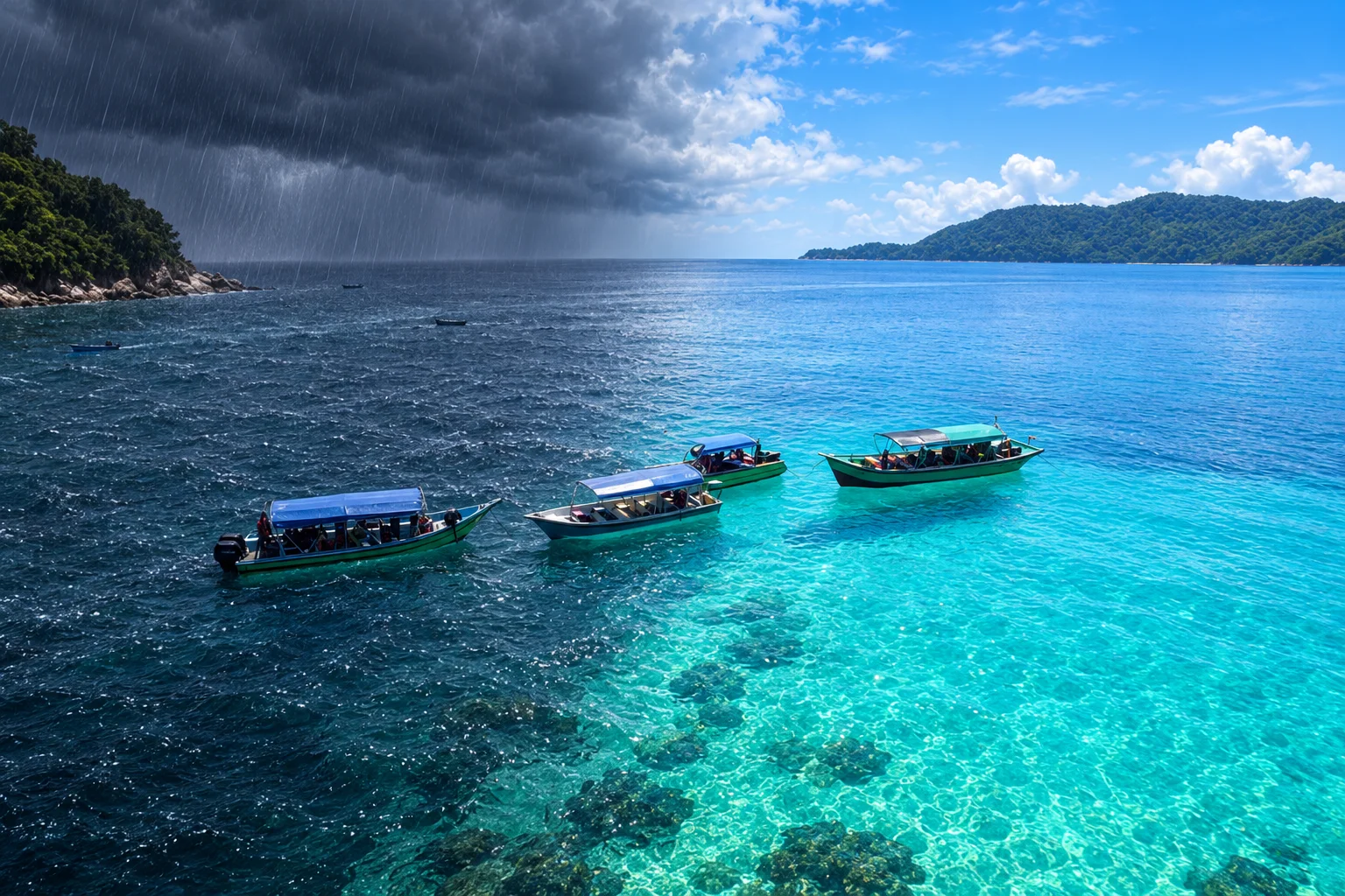 menunjukkan separuh cuaca di pantai itu gelap dan separuh lagi cerah